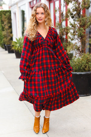 All I Want Red Plaid Elastic V Neck Tiered Maxi Dress - Coeur de la Mode