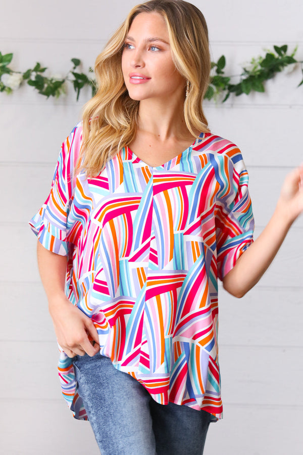 Blue & Fuchsia Geometric Print Woven Top - Coeur de la Mode