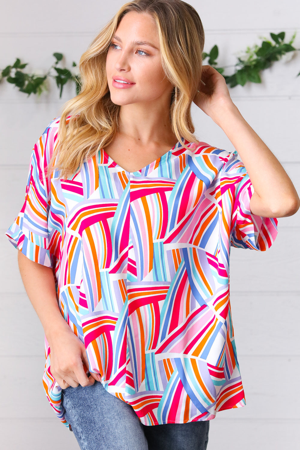 Blue & Fuchsia Geometric Print Woven Top - Coeur de la Mode