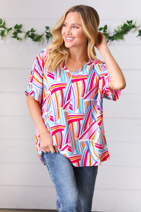 Blue & Fuchsia Geometric Print Woven Top - Coeur de la Mode