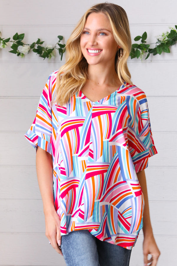 Blue & Fuchsia Geometric Print Woven Top - Coeur de la Mode