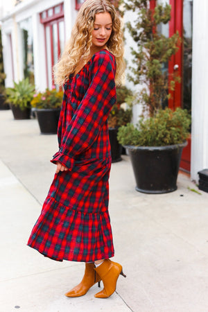 All I Want Red Plaid Elastic V Neck Tiered Maxi Dress - Coeur de la Mode
