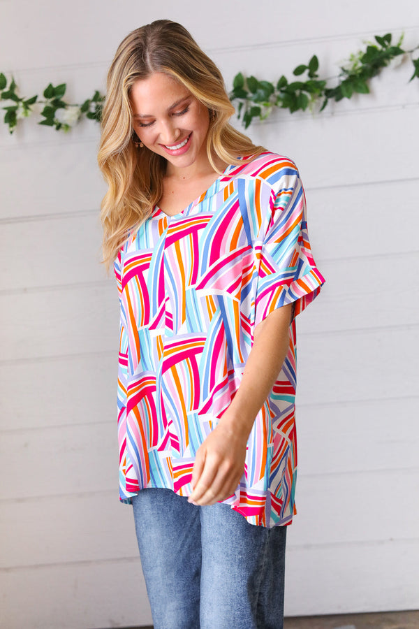 Blue & Fuchsia Geometric Print Woven Top - Coeur de la Mode