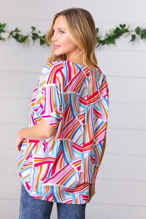 Blue & Fuchsia Geometric Print Woven Top - Coeur de la Mode