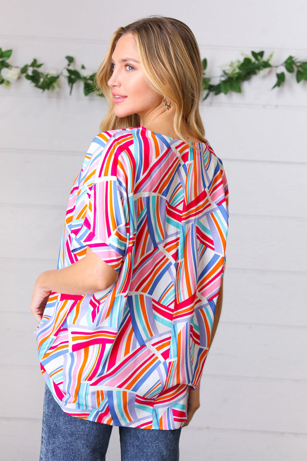 Blue & Fuchsia Geometric Print Woven Top - Coeur de la Mode