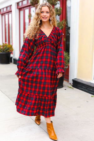All I Want Red Plaid Elastic V Neck Tiered Maxi Dress - Coeur de la Mode