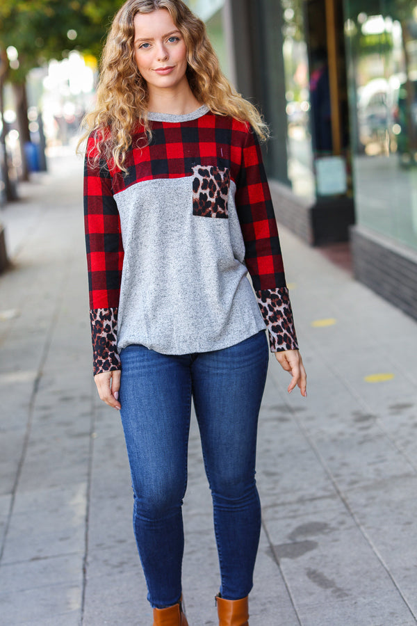 All Of Me Grey & Red Plaid Animal Print Pocketed Top - Coeur de la Mode