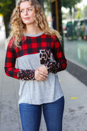 All Of Me Grey & Red Plaid Animal Print Pocketed Top - Coeur de la Mode