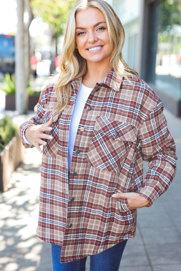 Be You Best Taupe Plaid Quilt Lined Button Down Shacket - Coeur de la Mode