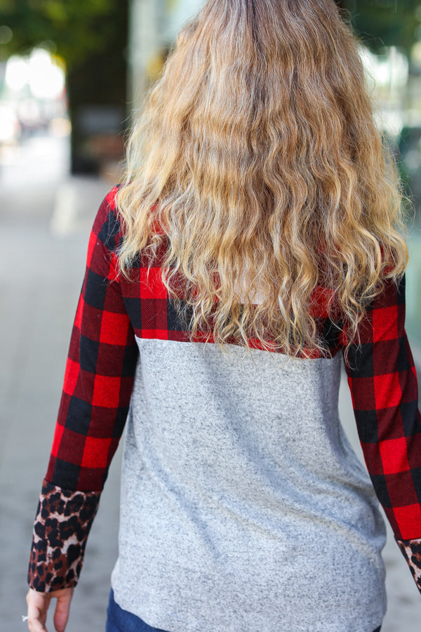 All Of Me Grey & Red Plaid Animal Print Pocketed Top - Coeur de la Mode