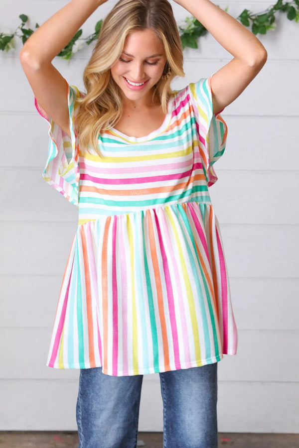 Lavender Rainbow Stripe Babydoll To - Coeur de la Mode
