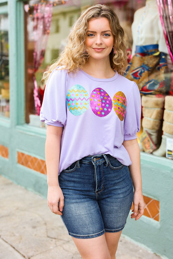 Turn Heads Lilac Sequin Easter Egg Terry Top - Coeur de la Mode