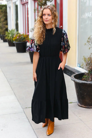 Black Floral Sequin Puff Sleeve Mock Neck Tiered Maxi Dress - Coeur de la Mode