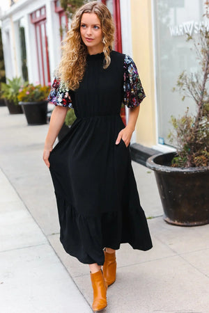 Black Floral Sequin Puff Sleeve Mock Neck Tiered Maxi Dress - Coeur de la Mode
