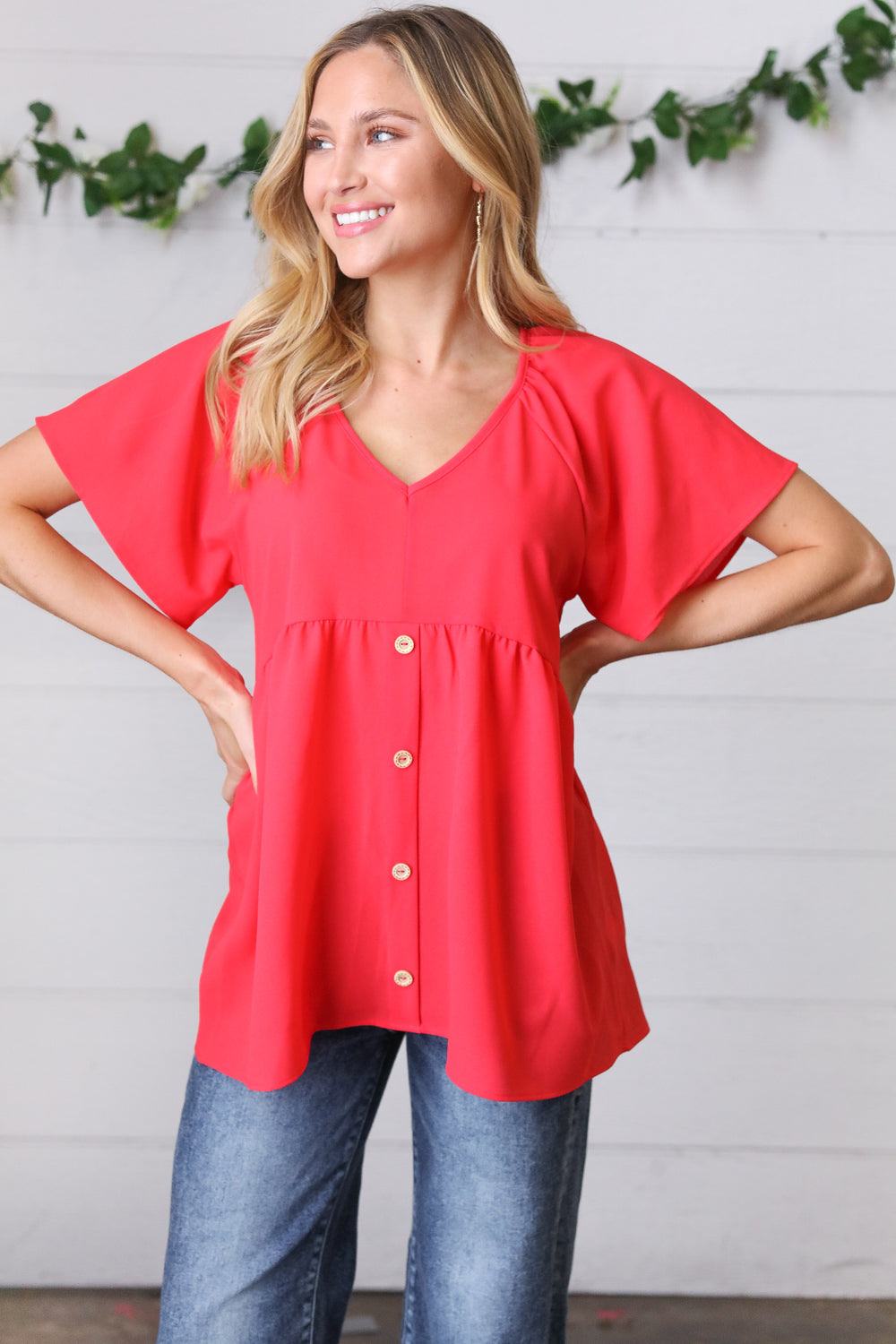 Cherry Red Babydoll Button Down Raglan Woven Top - Coeur de la Mode