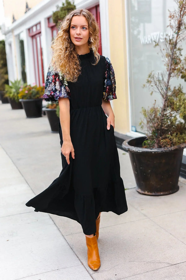 Black Floral Sequin Puff Sleeve Mock Neck Tiered Maxi Dress - Coeur de la Mode