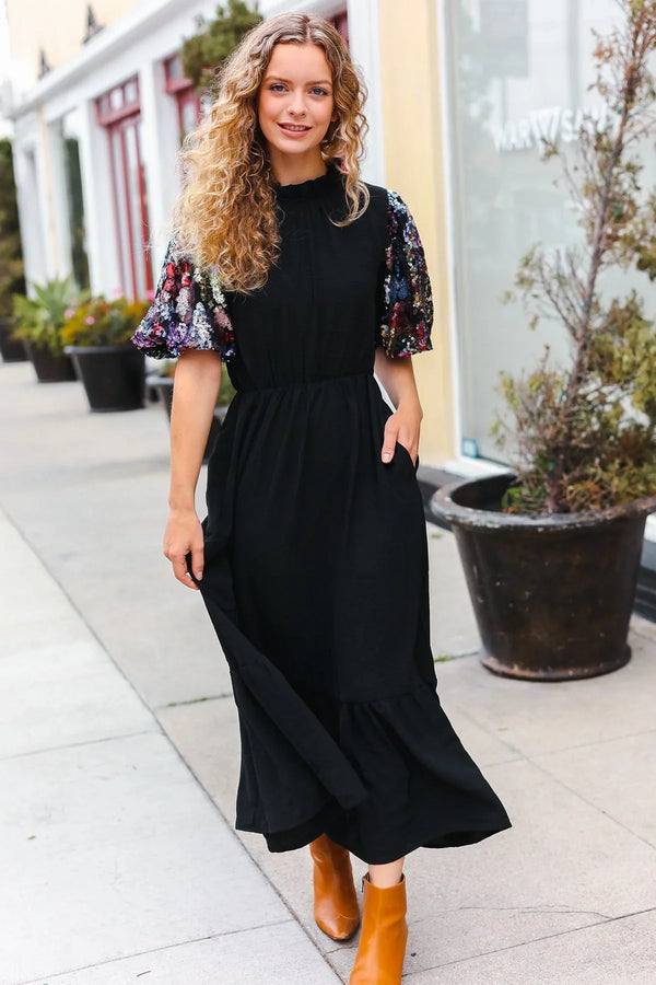 Black Floral Sequin Puff Sleeve Mock Neck Tiered Maxi Dress - Coeur de la Mode