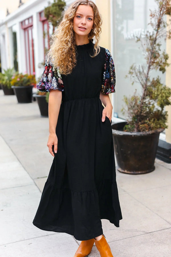 Black Floral Sequin Puff Sleeve Mock Neck Tiered Maxi Dress - Coeur de la Mode