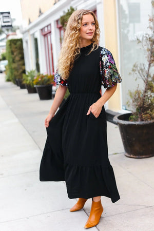 Black Floral Sequin Puff Sleeve Mock Neck Tiered Maxi Dress - Coeur de la Mode