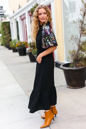 Black Floral Sequin Puff Sleeve Mock Neck Tiered Maxi Dress - Coeur de la Mode