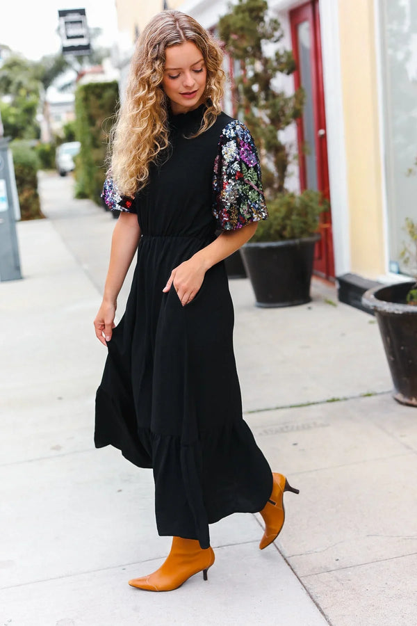Black Floral Sequin Puff Sleeve Mock Neck Tiered Maxi Dress - Coeur de la Mode
