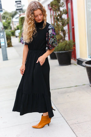 Black Floral Sequin Puff Sleeve Mock Neck Tiered Maxi Dress - Coeur de la Mode
