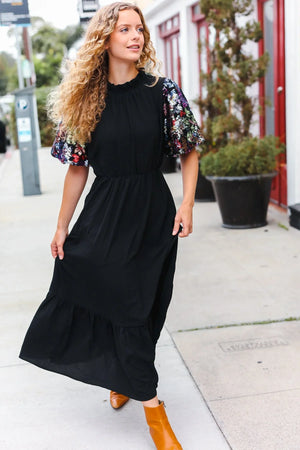 Black Floral Sequin Puff Sleeve Mock Neck Tiered Maxi Dress - Coeur de la Mode