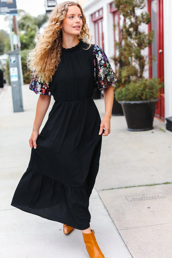 Black Floral Sequin Puff Sleeve Mock Neck Tiered Maxi Dress - Coeur de la Mode