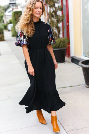 Black Floral Sequin Puff Sleeve Mock Neck Tiered Maxi Dress - Coeur de la Mode