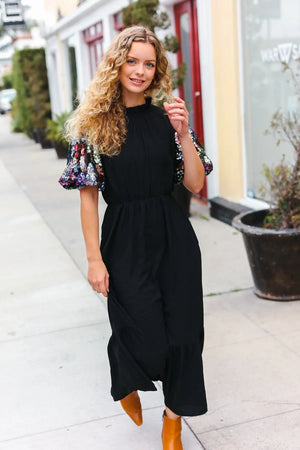 Black Floral Sequin Puff Sleeve Mock Neck Tiered Maxi Dress - Coeur de la Mode