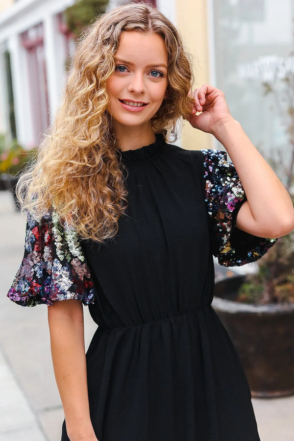 Black Floral Sequin Puff Sleeve Mock Neck Tiered Maxi Dress - Coeur de la Mode