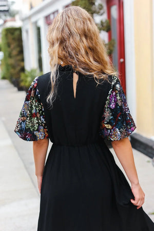 Black Floral Sequin Puff Sleeve Mock Neck Tiered Maxi Dress - Coeur de la Mode