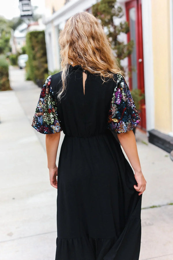 Black Floral Sequin Puff Sleeve Mock Neck Tiered Maxi Dress - Coeur de la Mode