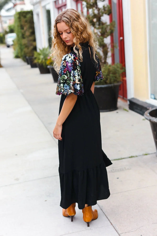 Black Floral Sequin Puff Sleeve Mock Neck Tiered Maxi Dress - Coeur de la Mode