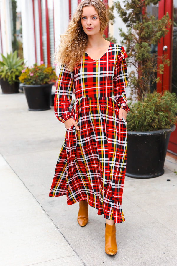 Adorable In Red Plaid Ruffle Detail Fit & Flare Midi Dress - Coeur de la Mode