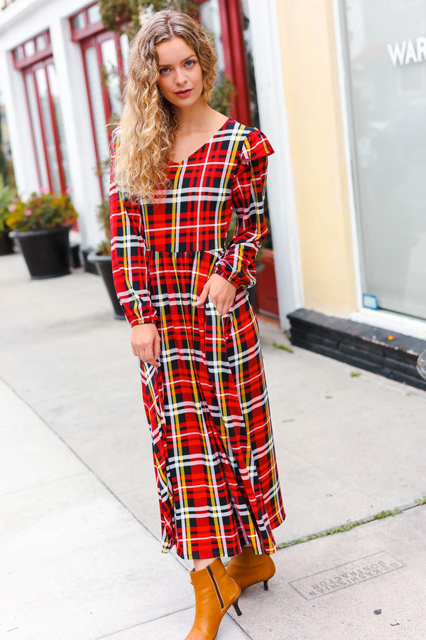 Adorable In Red Plaid Ruffle Detail Fit & Flare Midi Dress - Coeur de la Mode