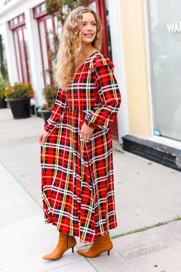 Adorable In Red Plaid Ruffle Detail Fit & Flare Midi Dress - Coeur de la Mode