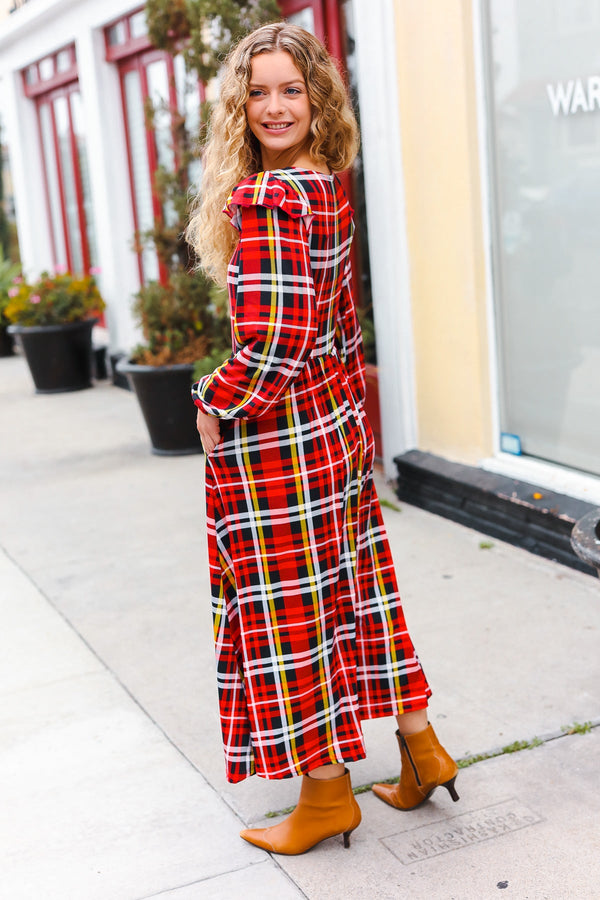 Adorable In Red Plaid Ruffle Detail Fit & Flare Midi Dress - Coeur de la Mode