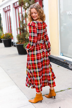 Adorable In Red Plaid Ruffle Detail Fit & Flare Midi Dress - Coeur de la Mode