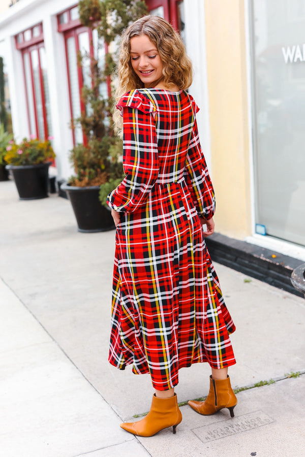 Adorable In Red Plaid Ruffle Detail Fit & Flare Midi Dress - Coeur de la Mode