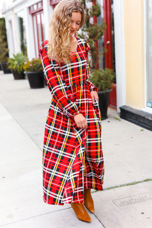 Adorable In Red Plaid Ruffle Detail Fit & Flare Midi Dress - Coeur de la Mode