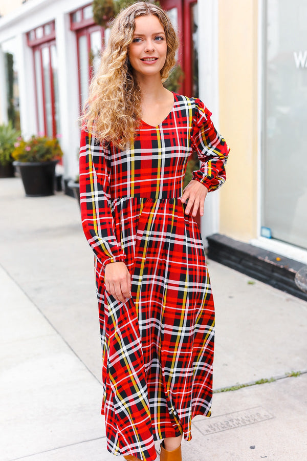 Adorable In Red Plaid Ruffle Detail Fit & Flare Midi Dress - Coeur de la Mode