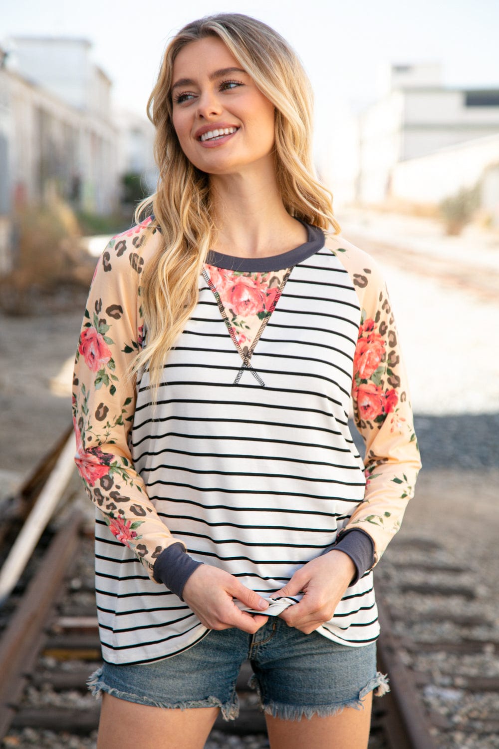 Stripe and Peach Leopard Floral Color Block Top - Coeur de la Mode
