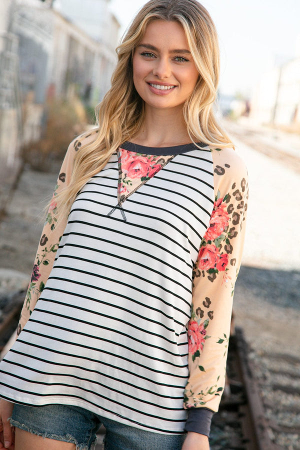 Stripe and Peach Leopard Floral Color Block Top - Coeur de la Mode