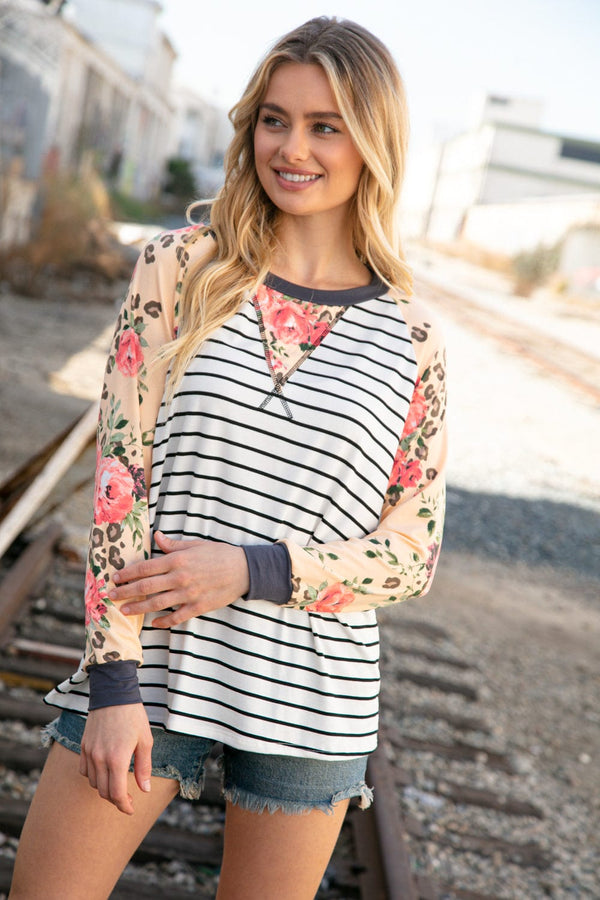Stripe and Peach Leopard Floral Color Block Top - Coeur de la Mode