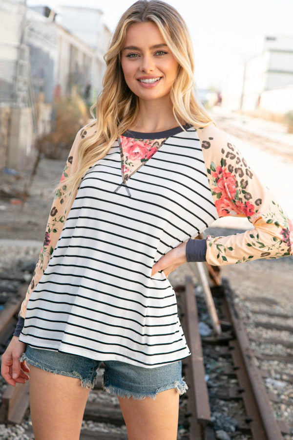 Stripe and Peach Leopard Floral Color Block Top - Coeur de la Mode