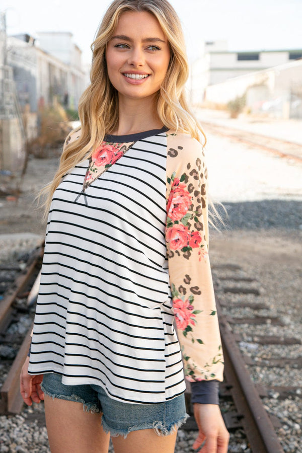 Stripe and Peach Leopard Floral Color Block Top - Coeur de la Mode