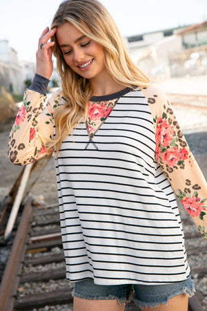 Stripe and Peach Leopard Floral Color Block Top - Coeur de la Mode