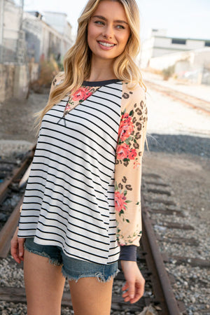 Stripe and Peach Leopard Floral Color Block Top - Coeur de la Mode