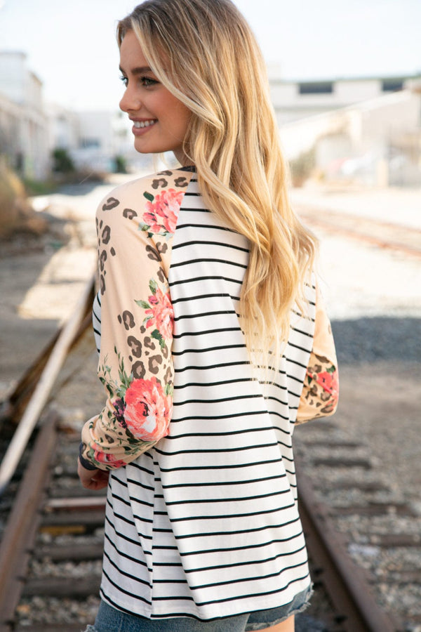 Stripe and Peach Leopard Floral Color Block Top - Coeur de la Mode